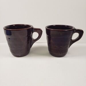 Vintage USA Pottery Chocolate Brown Embossed Wave Star Coffee Mugs Set of 2